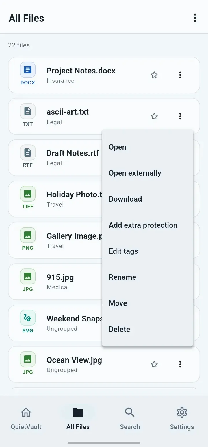 File actions & protection screen in the QuietVault app