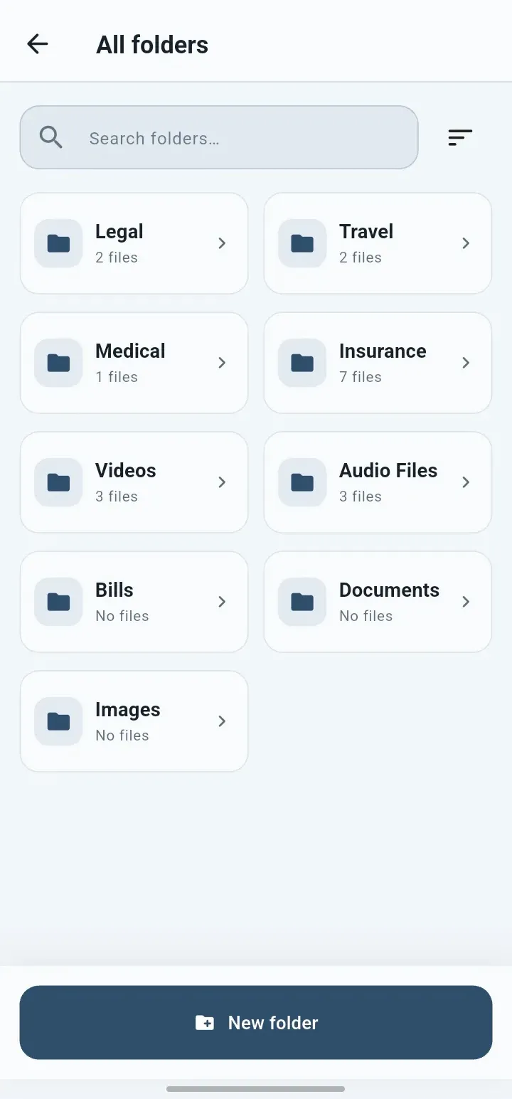 Folders & tags screen in the QuietVault app