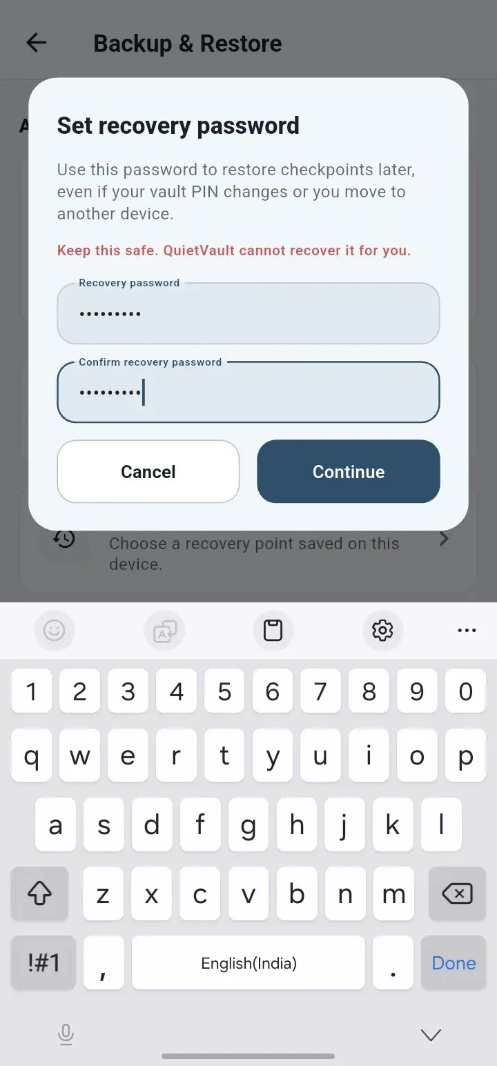 Recovery password screen in the QuietVault app