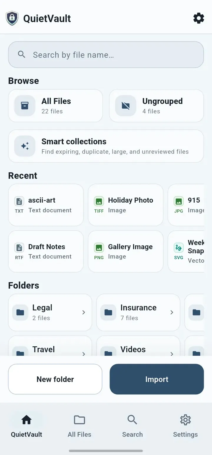 Vault home screen in the QuietVault app